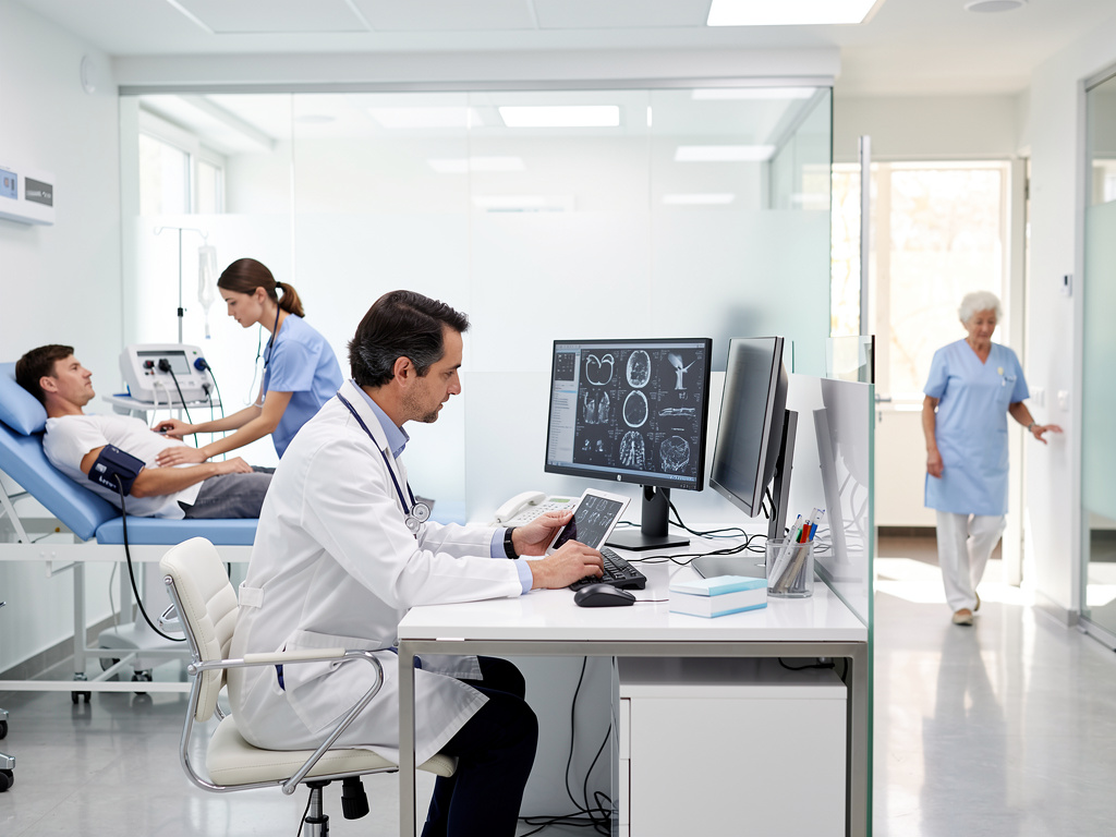 Médico revisa resonancias cerebrales en clínica moderna mientras enfermera atiende a paciente