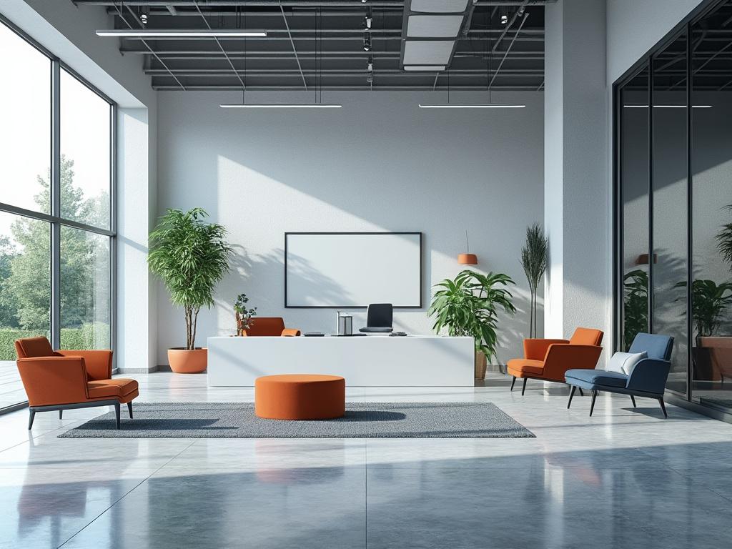Oficina moderna con grandes ventanales, sillones de colores vivos, plantas decorativas y escritorio blanco central.