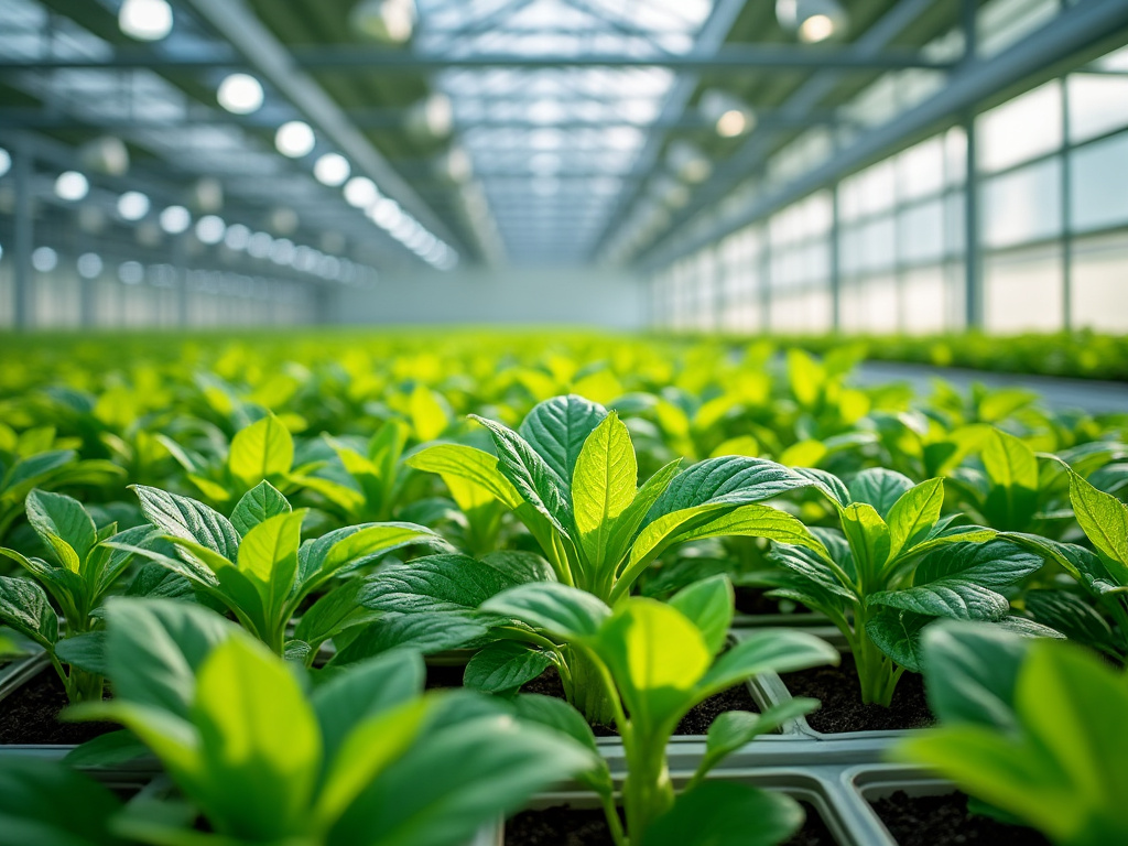 Interior de un invernadero con plantas jóvenes verdes creciendo en filas organizadas bajo luz natural.