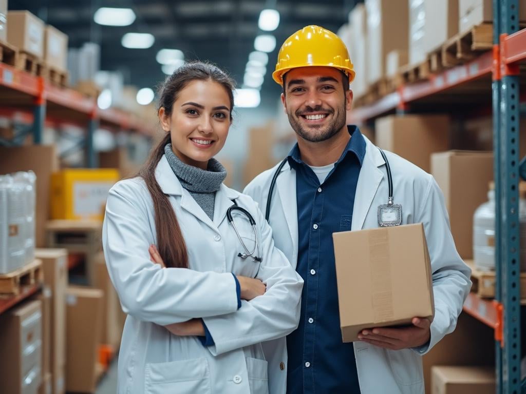 Dos personas en batas blancas, una con casco, en un almacén rodeado de cajas de cartón.