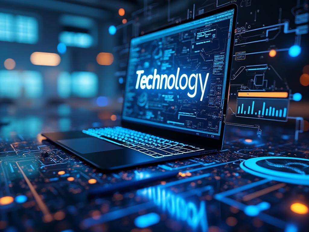 Portátil moderno con pantalla mostrando la palabra 'Technology', rodeado de gráficos digitales y circuitos en un entorno futurista.
