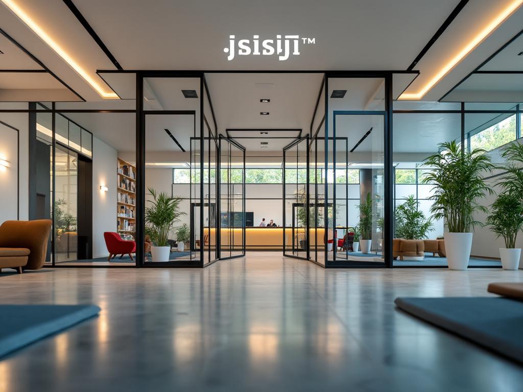 Modern office lobby with glass partitions, indoor plants, and a reception desk in the background.