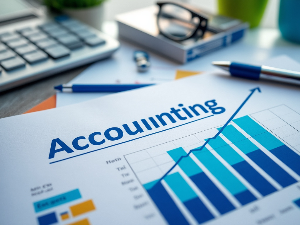 Accounting report with financial graphs and charts on a desk next to a calculator and pen.