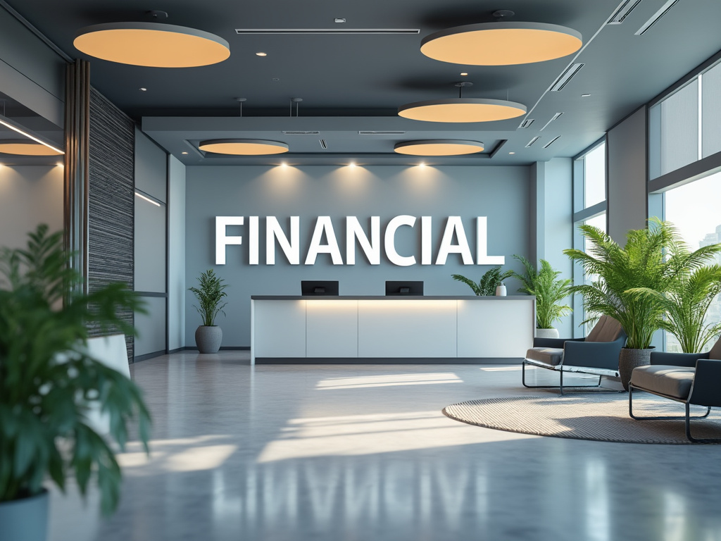 Recepción moderna de una oficina financiera con plantas y asientos elegantes.