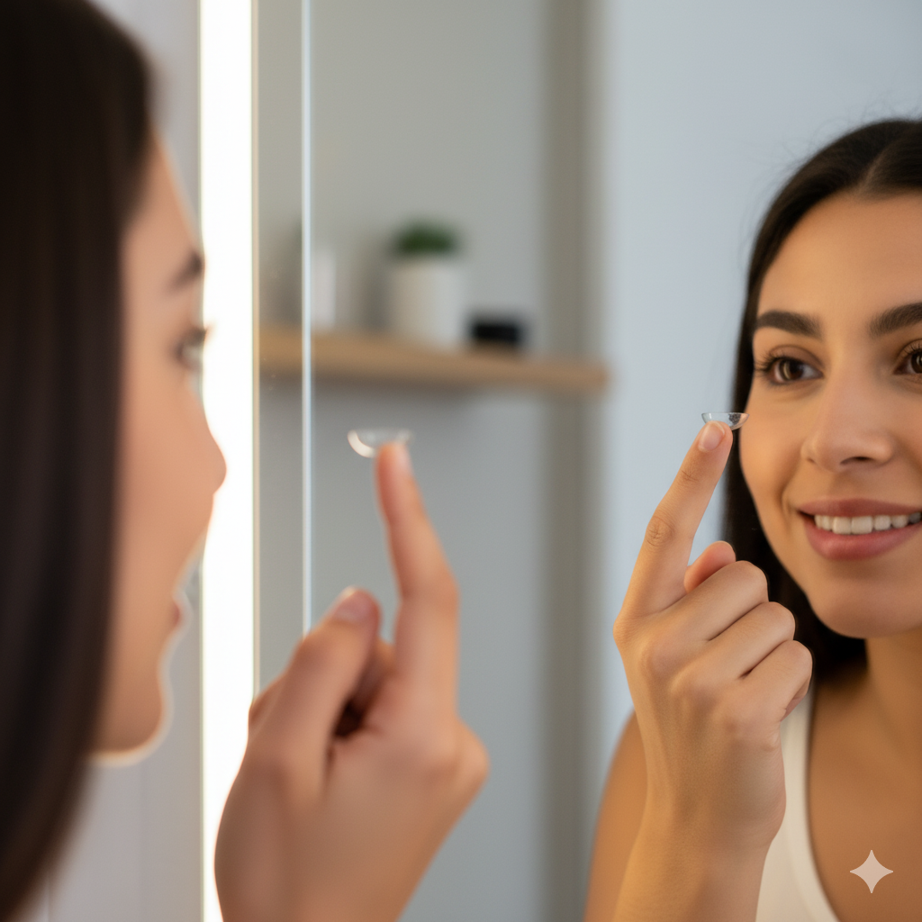 Interior de una óptica moderna con estantes de gafas exhibidas, mostrador blanco, plantas decorativas y iluminación elegante.