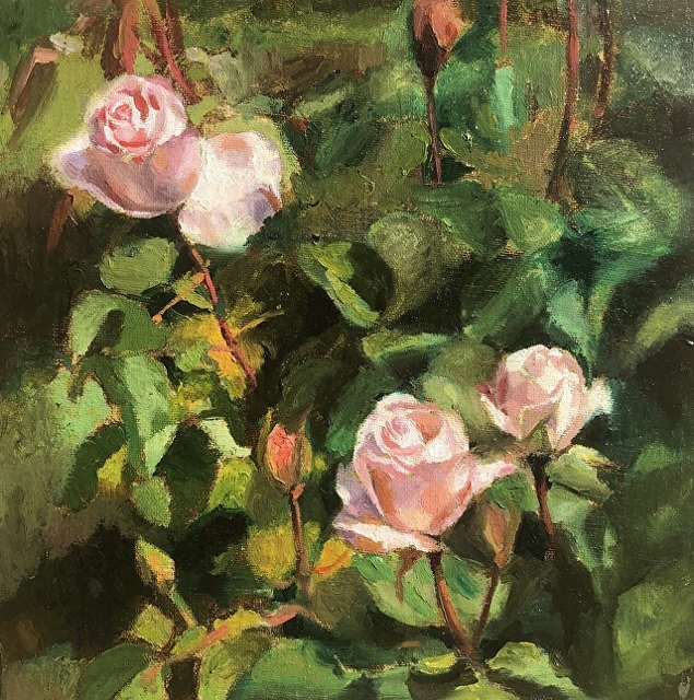 Gomes, Three Light Pink Roses, 8x8 Oil