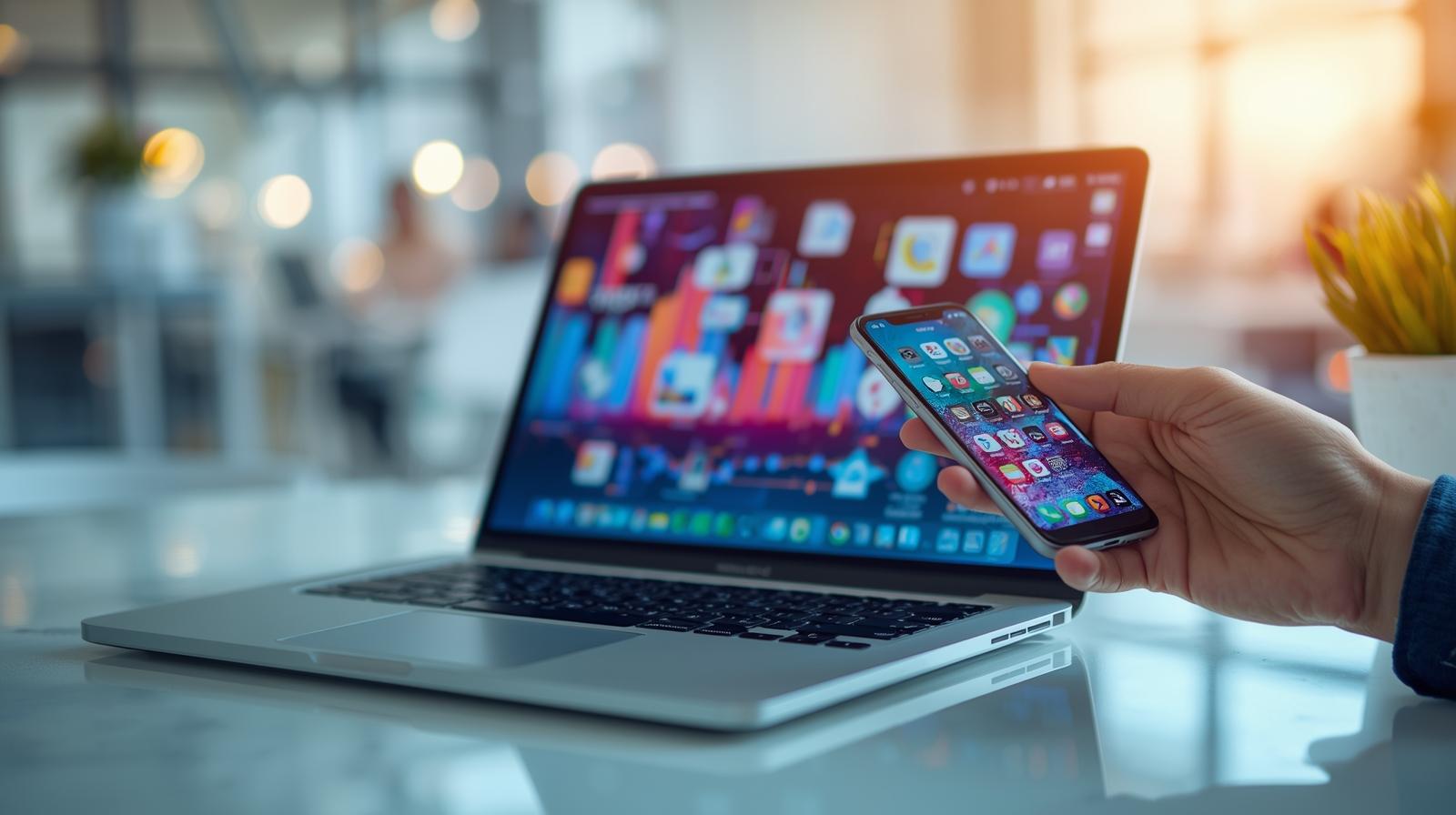 Escritorio moderno con una computadora Apple y un teléfono móvil mostrando un sitio web de redes sociales, plantas en macetas alrededor.