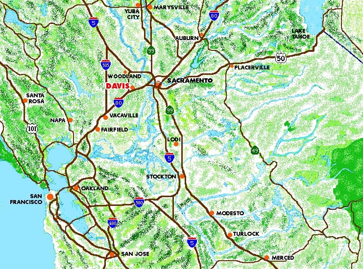 Northern California map showing location of Davis.