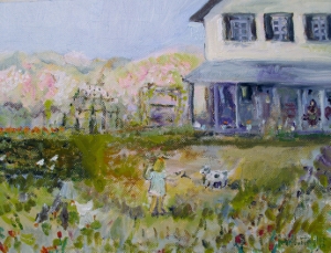 Farm with Child, Dog sand Chickens, 9x12, Oil