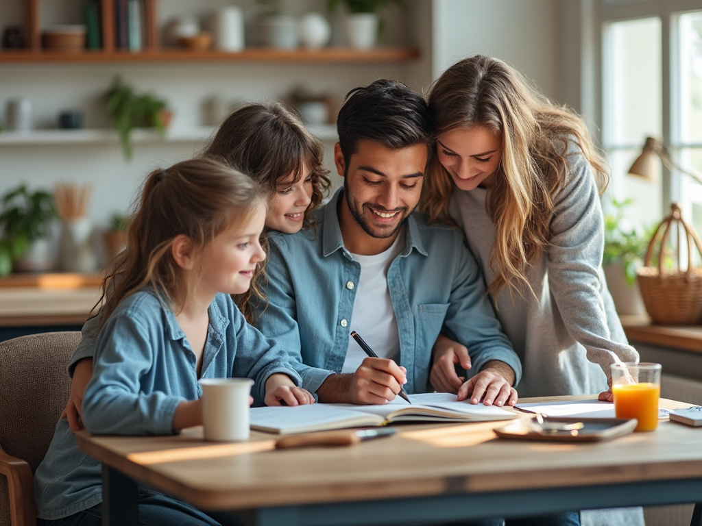 Familia feliz estudiando junta en una mesa, rodeada de libros y con desayuno.