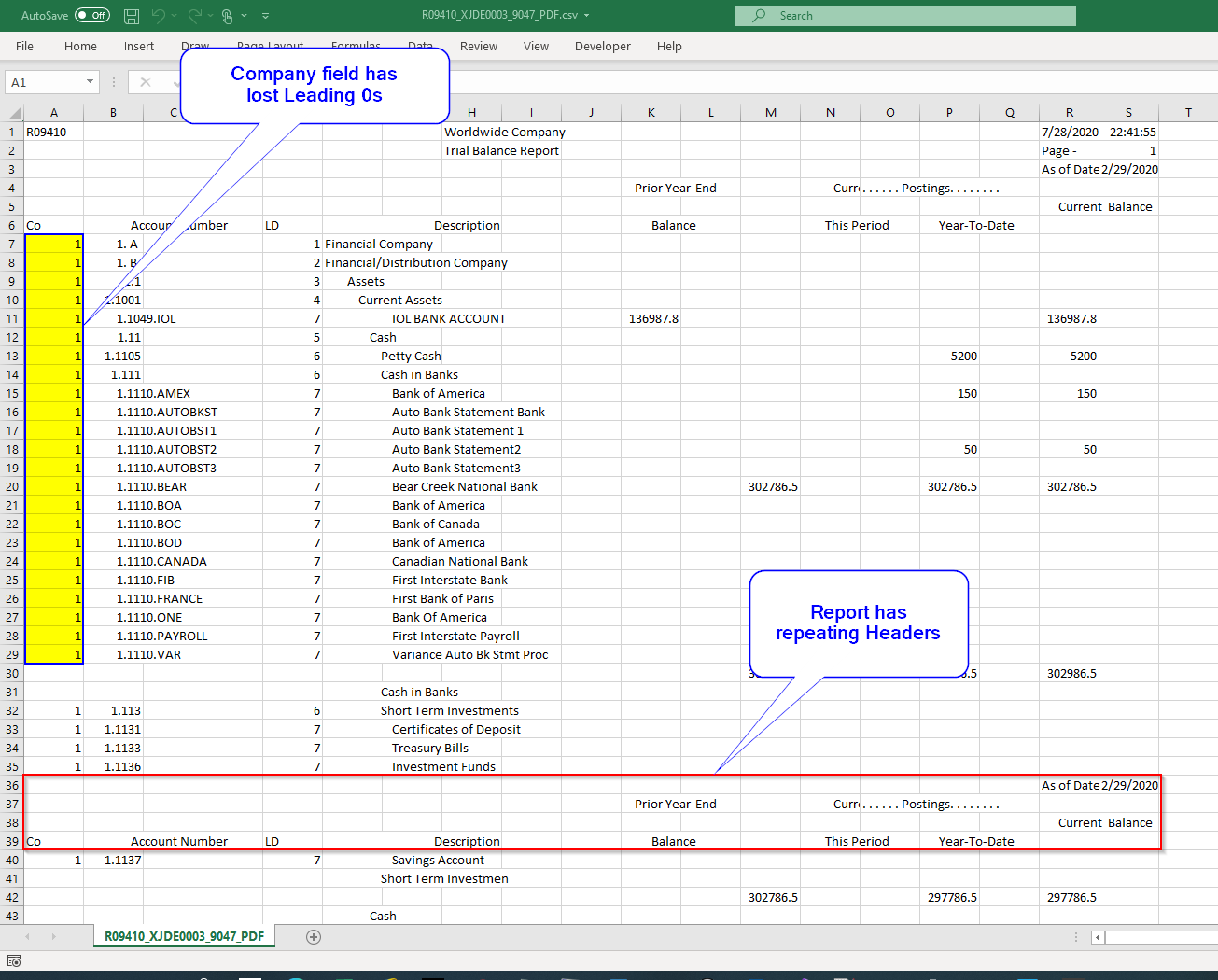 Standard Issues opening JDE CSV