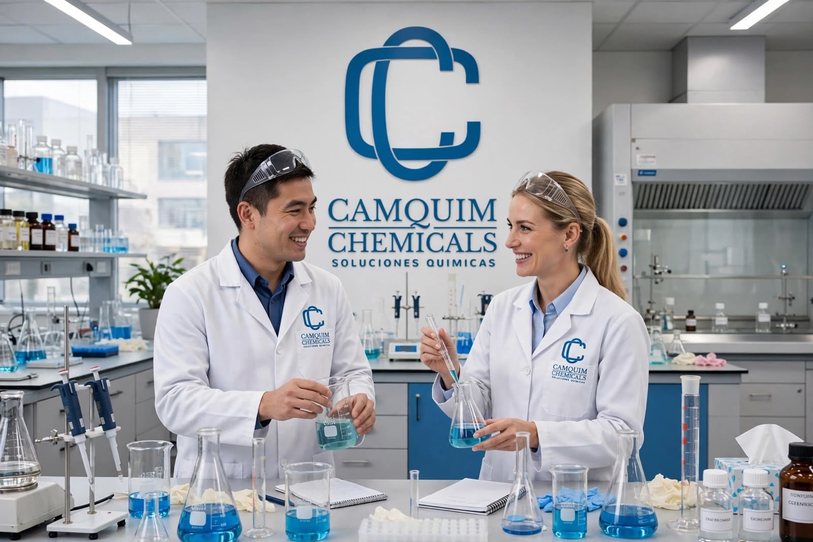 Científicos de Camquim Chemicals trabajando en laboratorio con soluciones químicas y material de vidrio