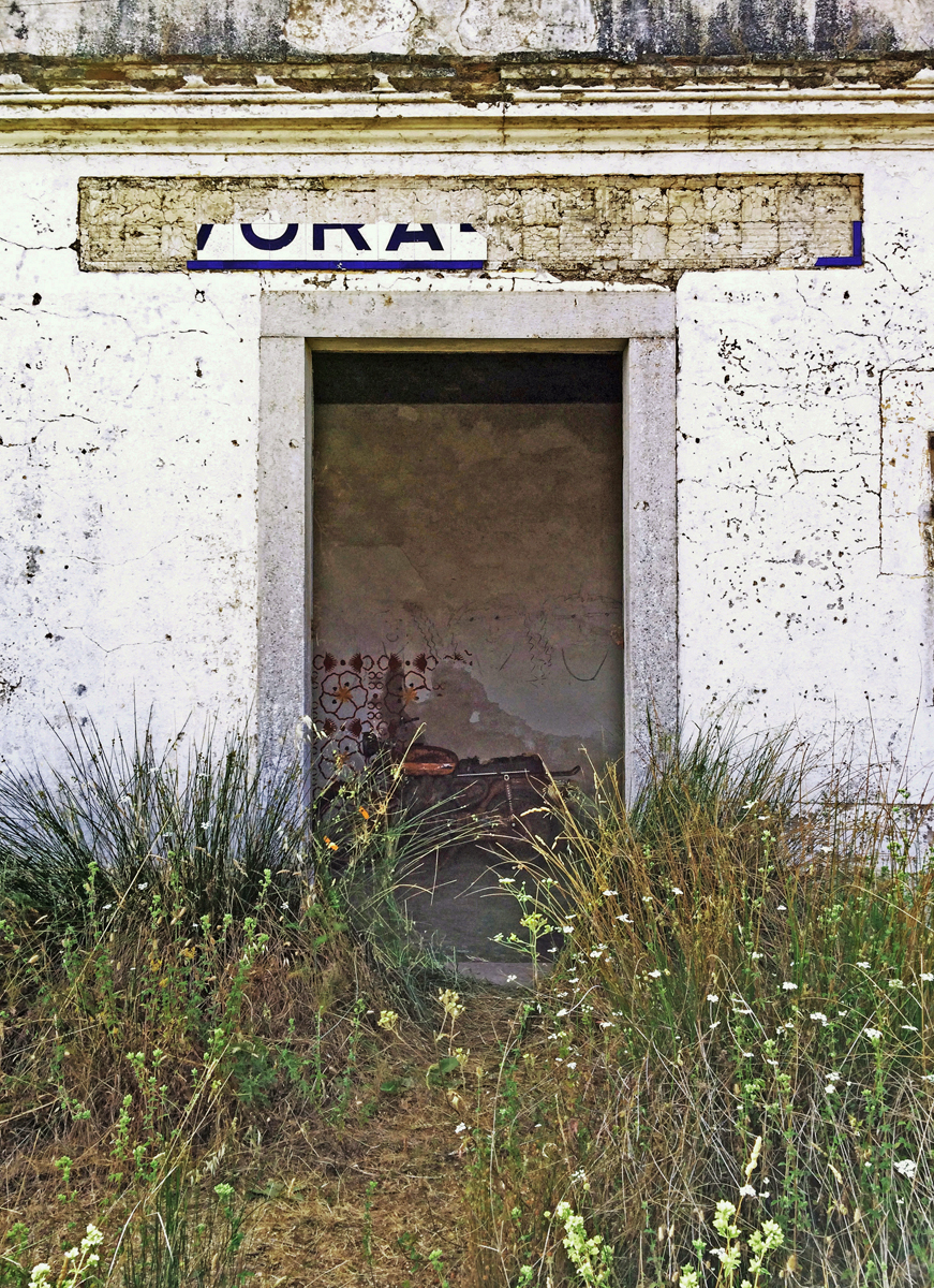 A doorway in an old whitewashed wall, a motorcycle inside, tall grasses outside.