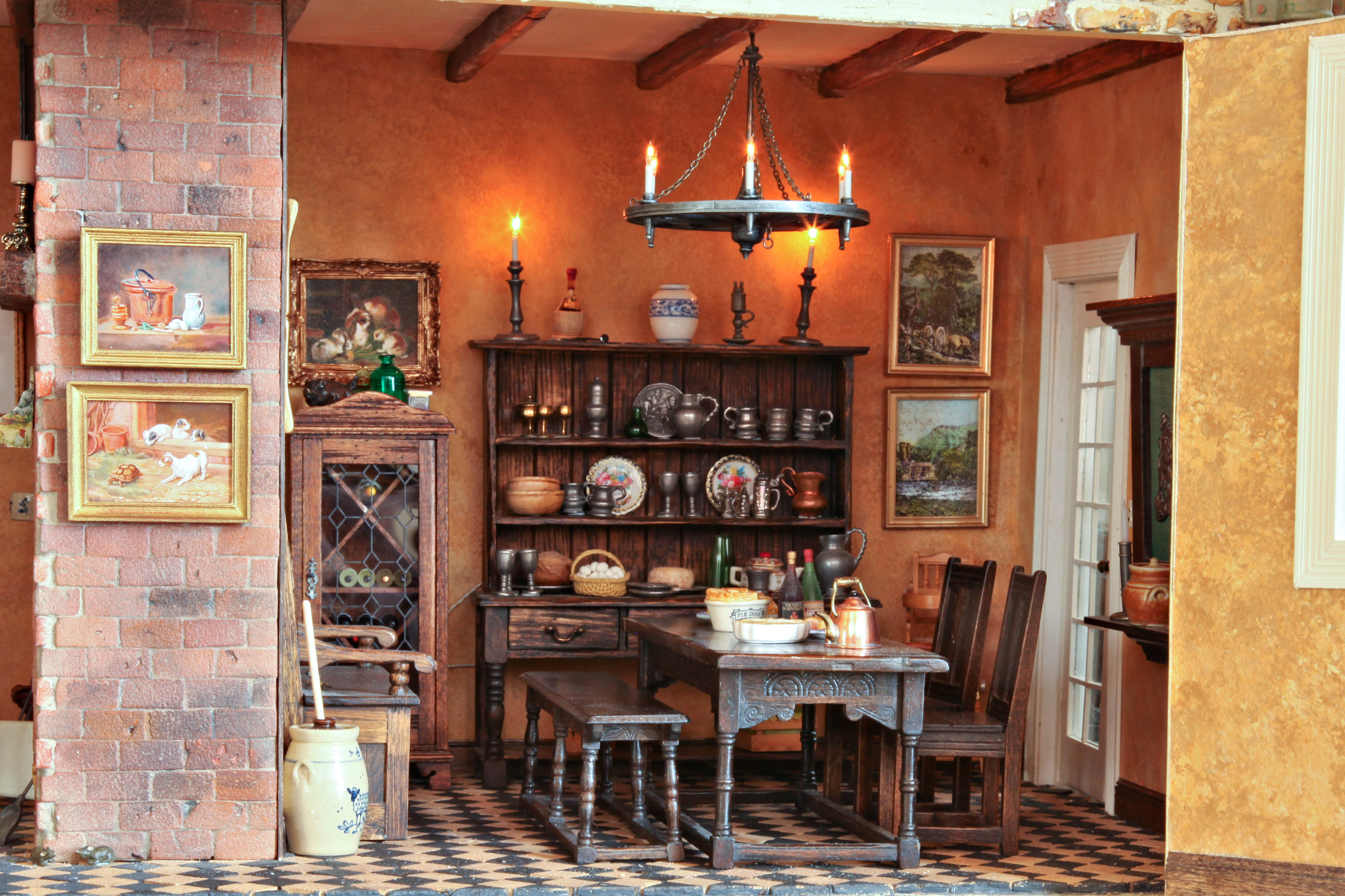 Second Dining Room
Hutch, table, chairs and bench
by Tony Knott;
oil paintings by Leslie Smith;
clay tiles by Richard Stacey