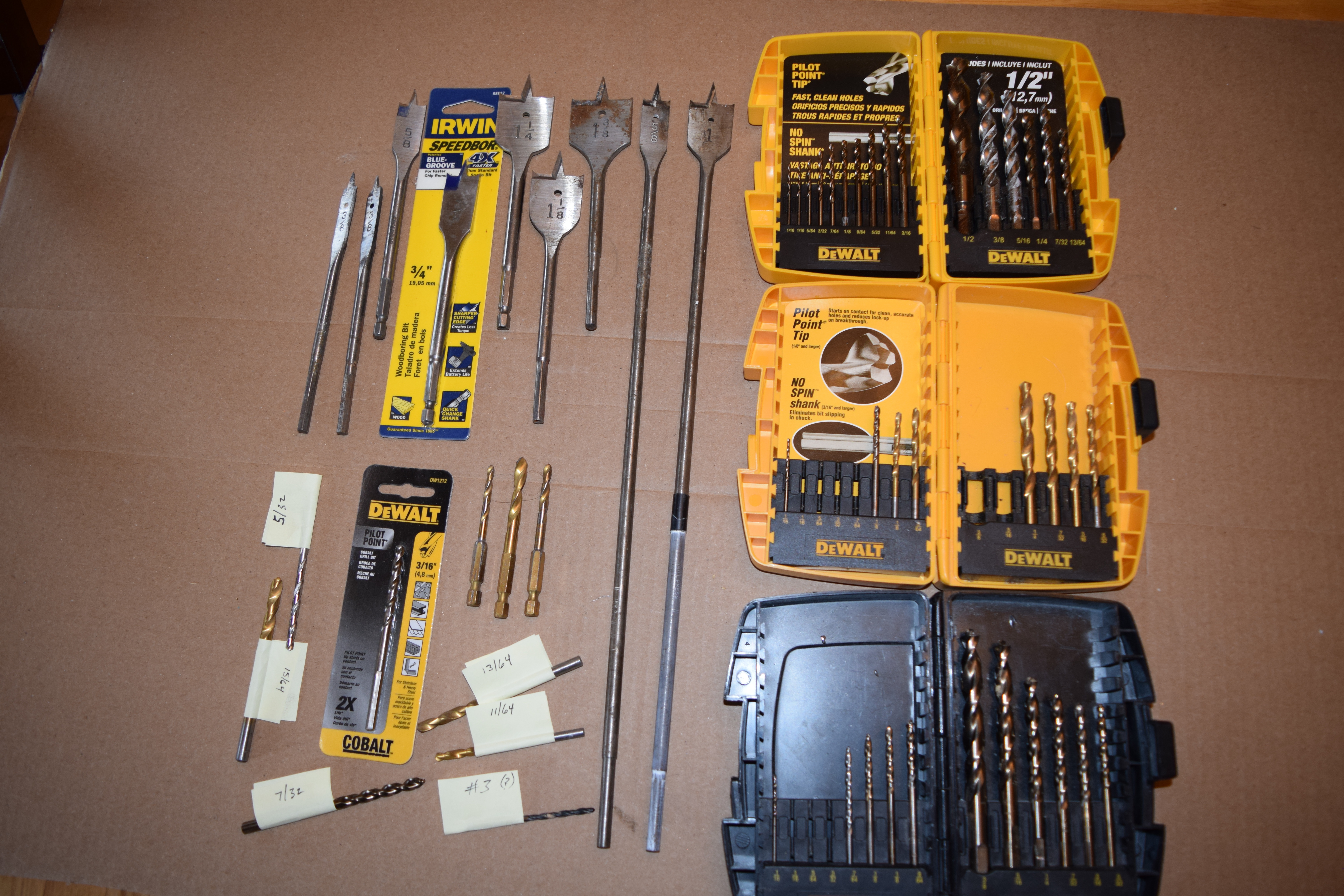 Drill Bits (Twist Full set x1, Partial set x2, 3/16 new;  Spade 1”x16”, 5/8”x16”, 1-3/8”, 1-1/4, 1-1/8, 3/4 new, 5/8, 3/8 x2;  Misc x9)