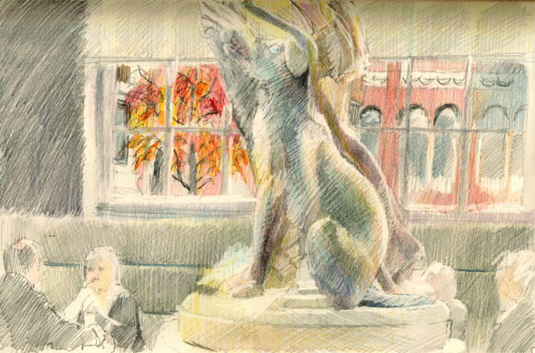 The marble dog, V&A Cafe (pencil and coloured pencils)