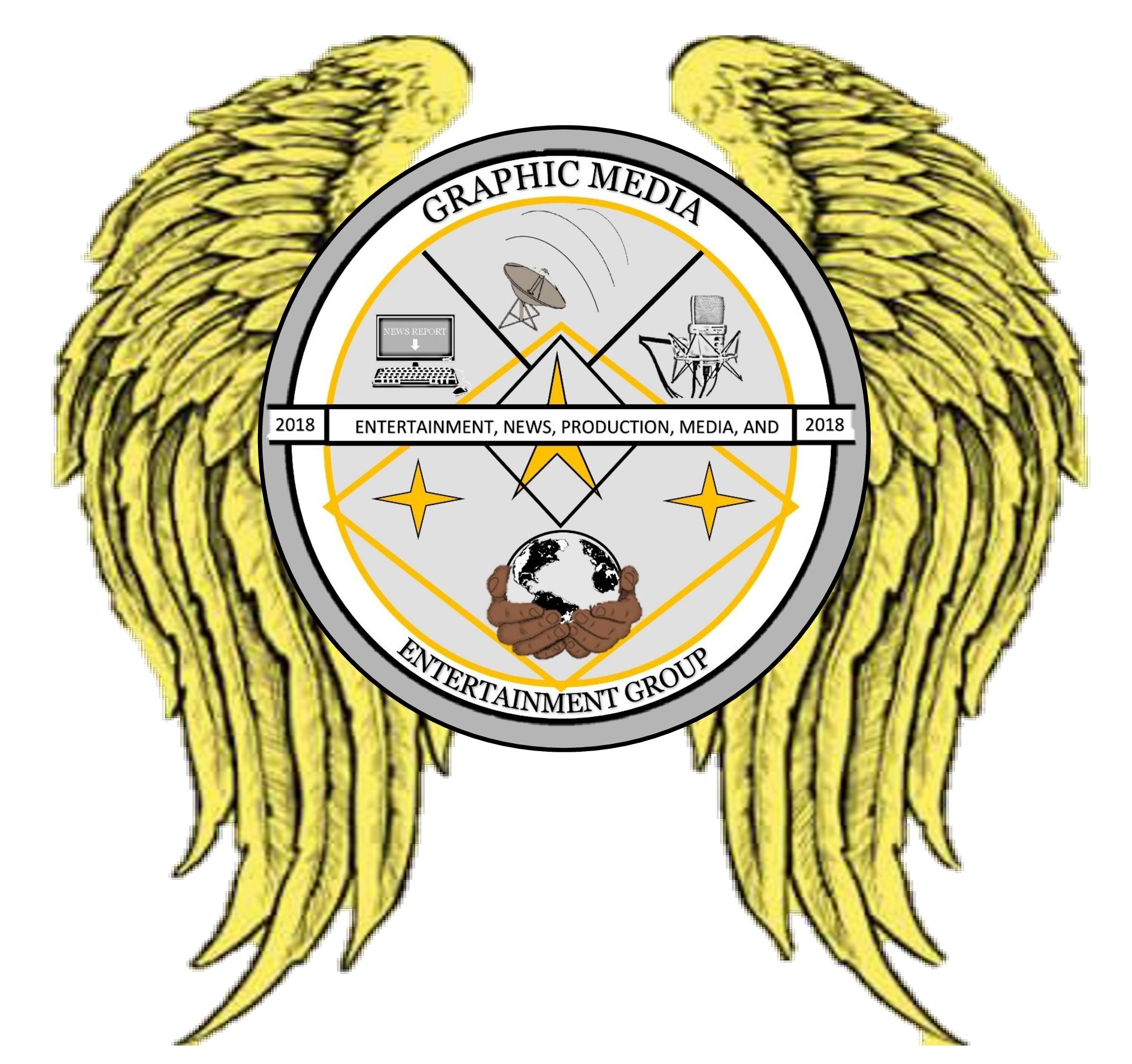 Graphic Media Entertainment Group logo featuring yellow wings, a globe with hands, stars, and media symbols, emphasizing news and production.