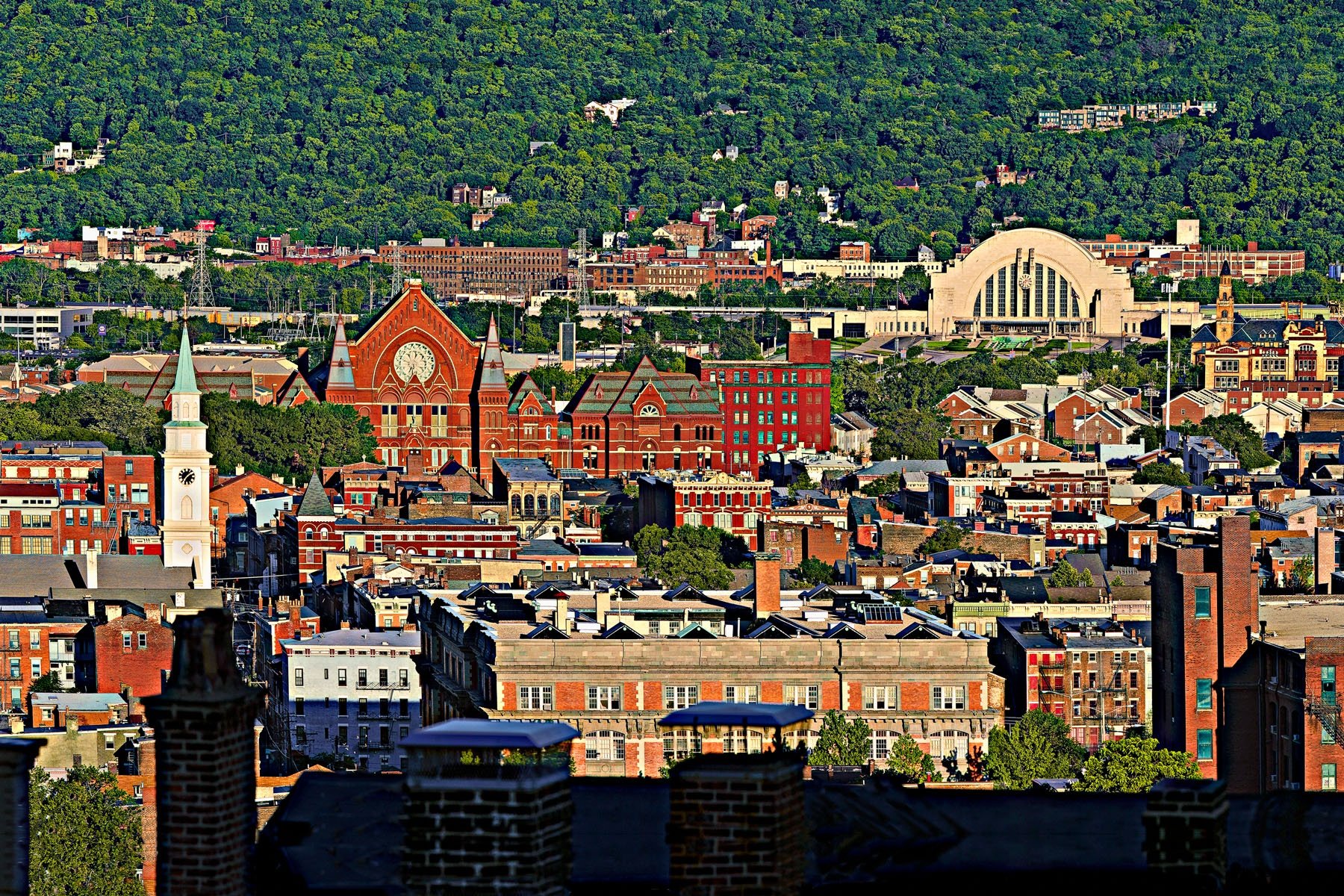 OVER THE RHINE - This view of the "over the rhine" area in Cincinnati covers about two miles. That means there can be no haze if you want a clear shot. There aren't many haze-free summer days in Cincinnati. I tried often, but it took me almost two years to get this shot.