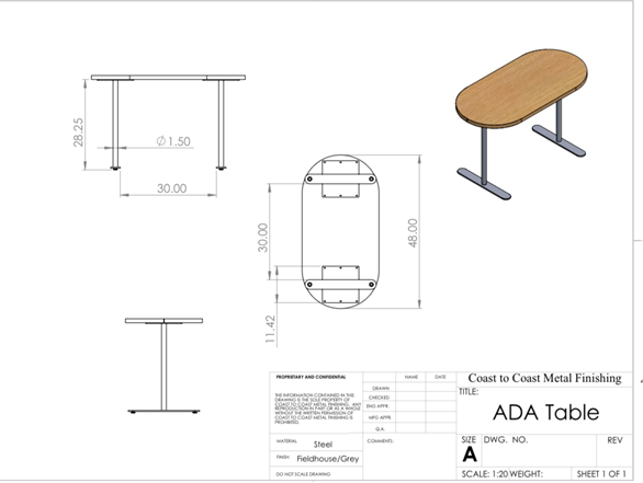 ADA Table Metal base W/Wood Top Concept. 