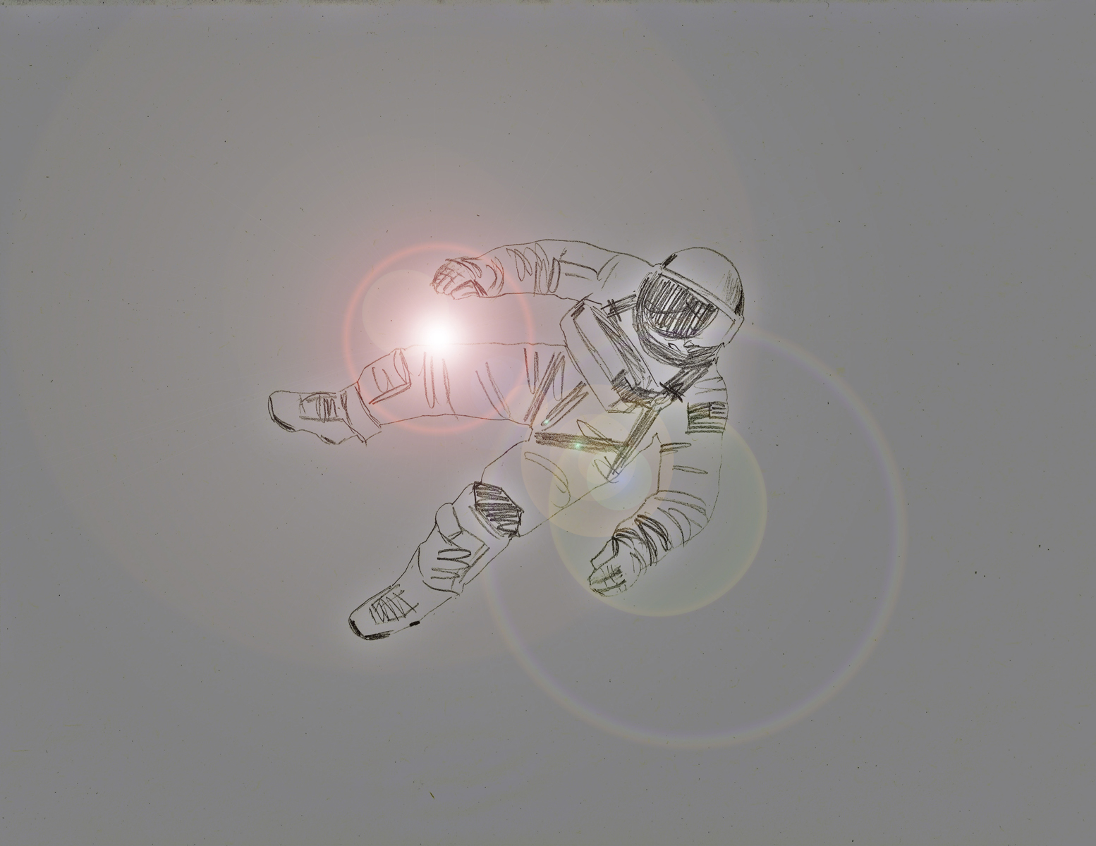 A pencil drawing of an astronaut in space on a grey background, with lens flare.