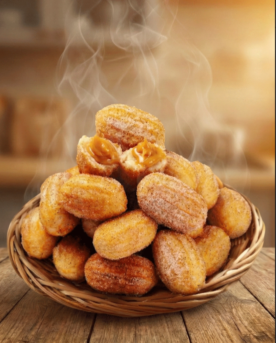 Cesta de churros rellenos de dulce de leche con vapor.