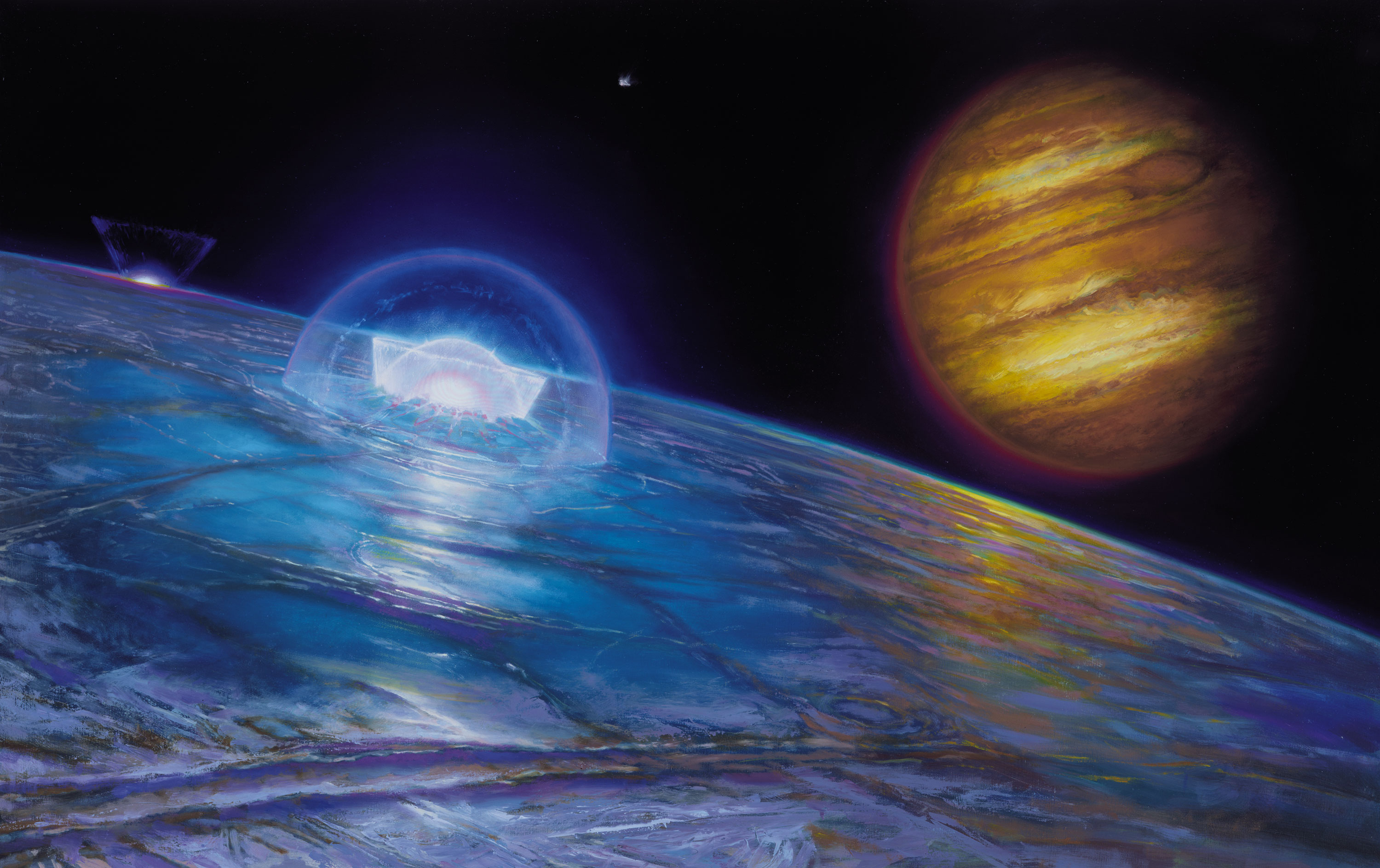 Comet Impacting Europa, Moon of Jupiter
30" x 40" Oil on Panel 2000
Created as part of a series of works celebrating the gas giants and their moons.