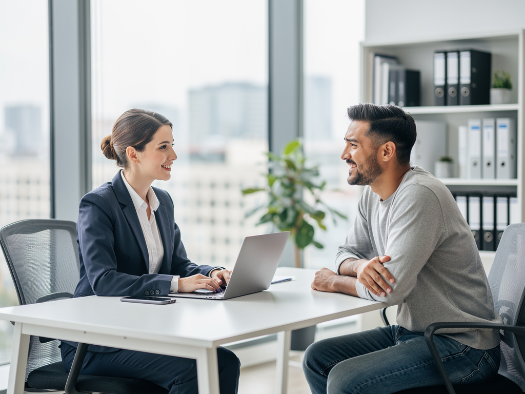 Businesswoman interviewing a smiling man at laptop in a modern office meeting room