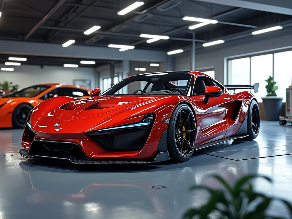 Sleek red sports car with aerodynamic design, parked in a modern showroom with bright lighting.