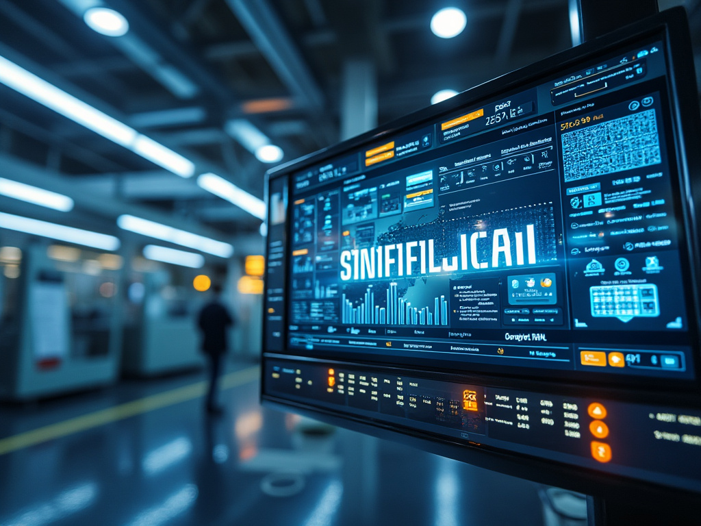 Pantalla digital en fábrica con datos y gráficos de inteligencia artificial.