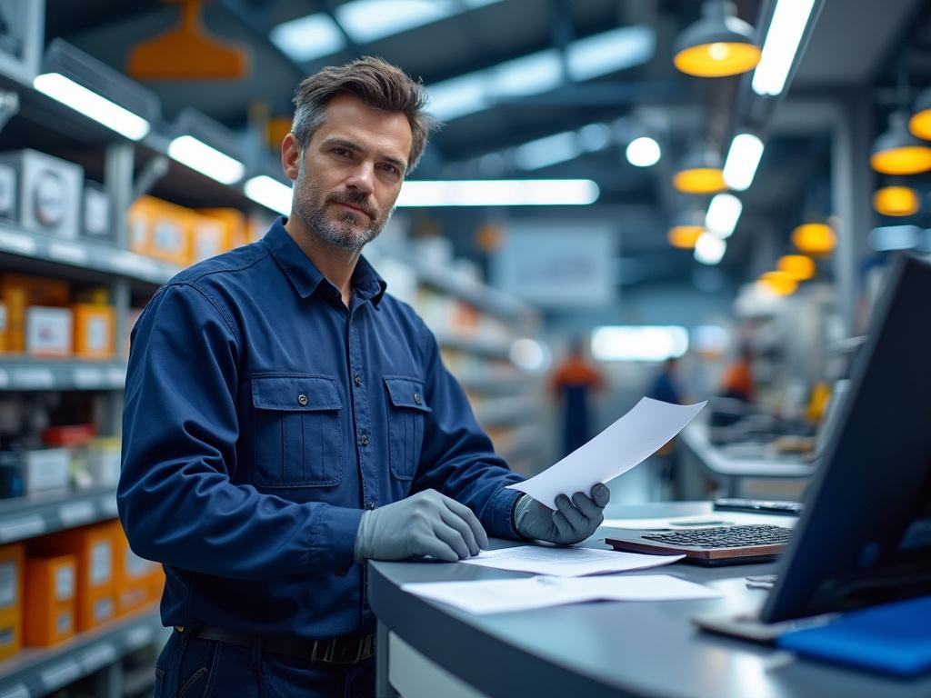 Hombre con uniforme de trabajo revisa papeles en una oficina industrial con estanterías en el fondo.