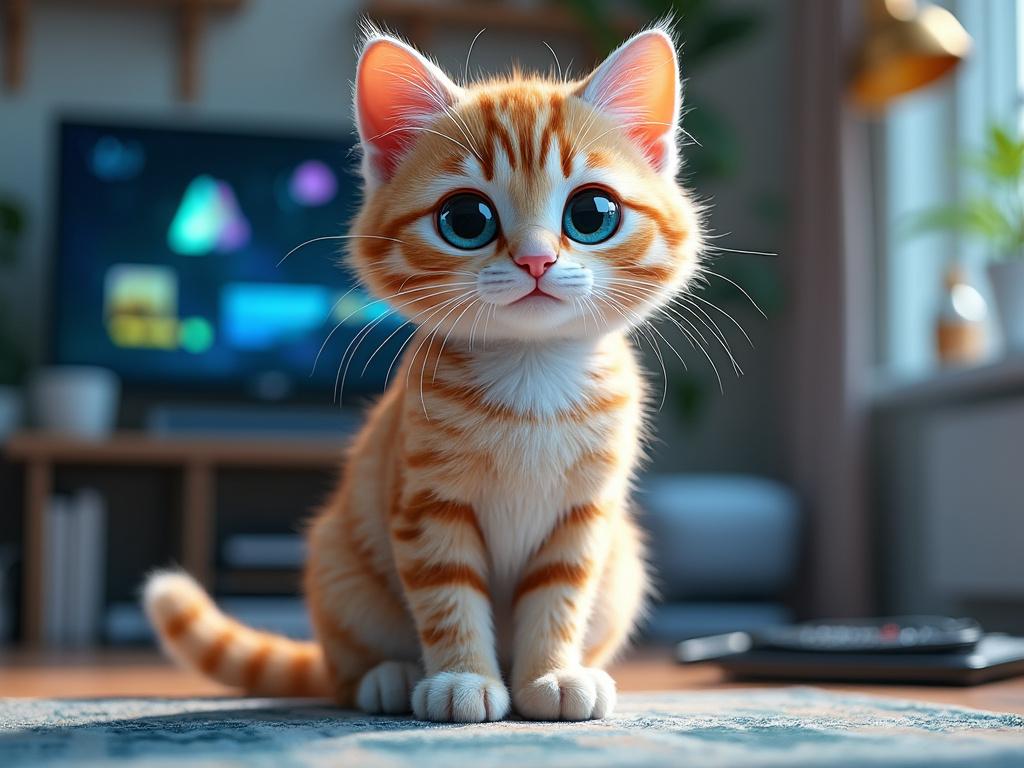 Adorable kitten with large blue eyes sitting in a cozy living room.