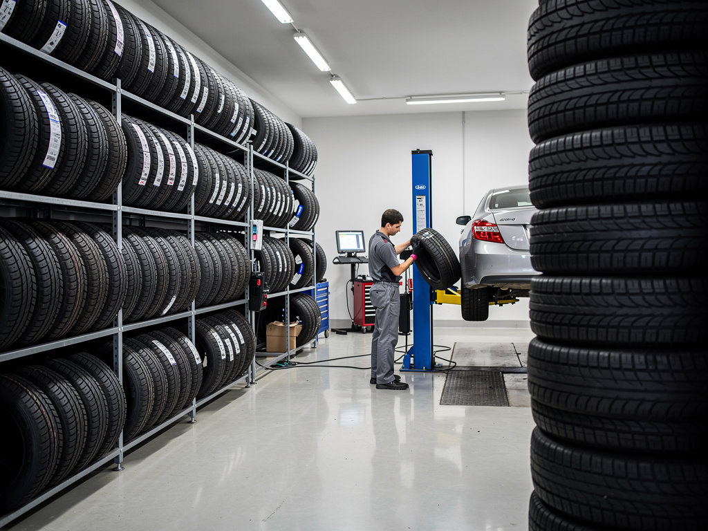 Taller mecánico con estanterías llenas de neumáticos y técnico cambiando una rueda a un coche en elevador
