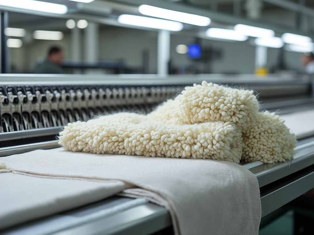 Tela bouclé color crema sobre máquina textil industrial en una fábrica de confección