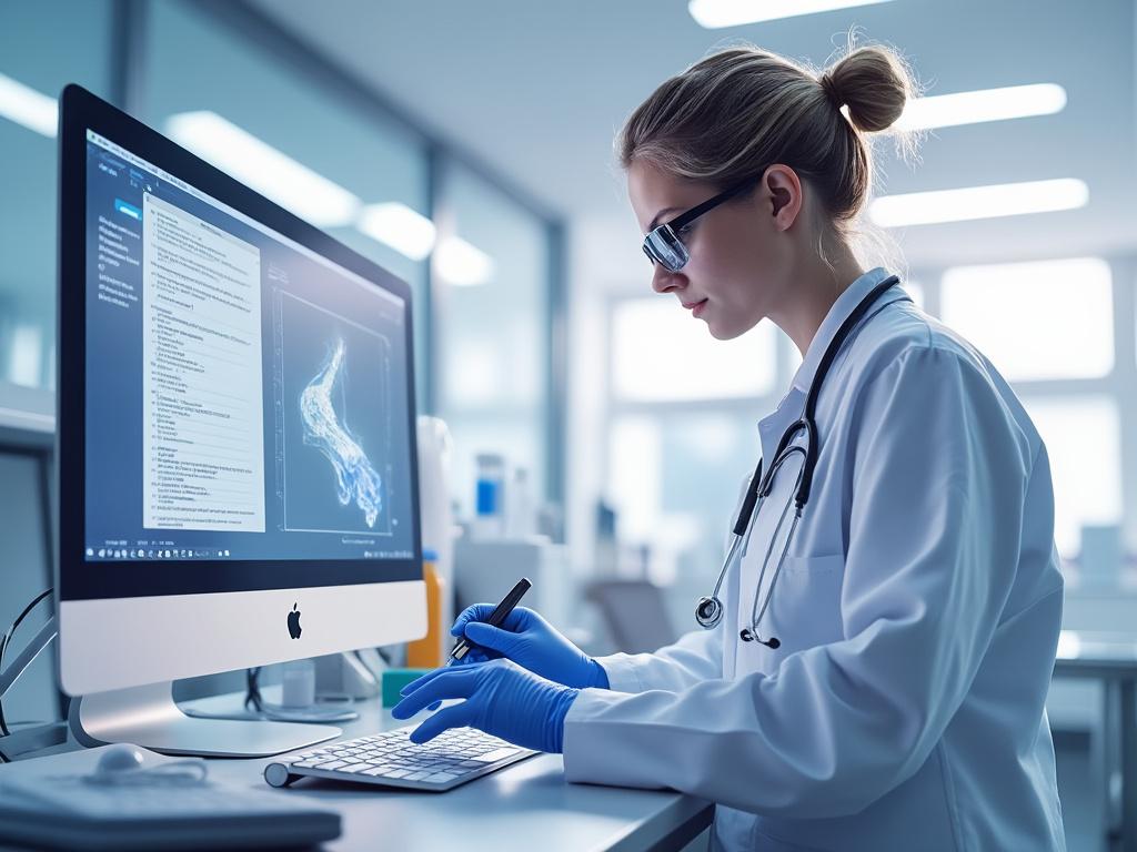 Female scientist in lab coat with stethoscope using a computer and digital pen in a laboratory setting.
Female scientist in lab coat with stethoscope using a computer and digital pen in a laboratory setting.