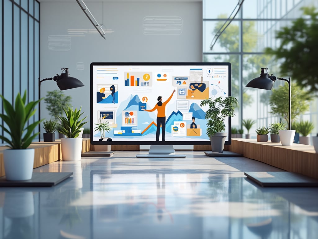 Oficina moderna con plantas y pantalla grande mostrando gráficos y diagramas en entorno luminoso.