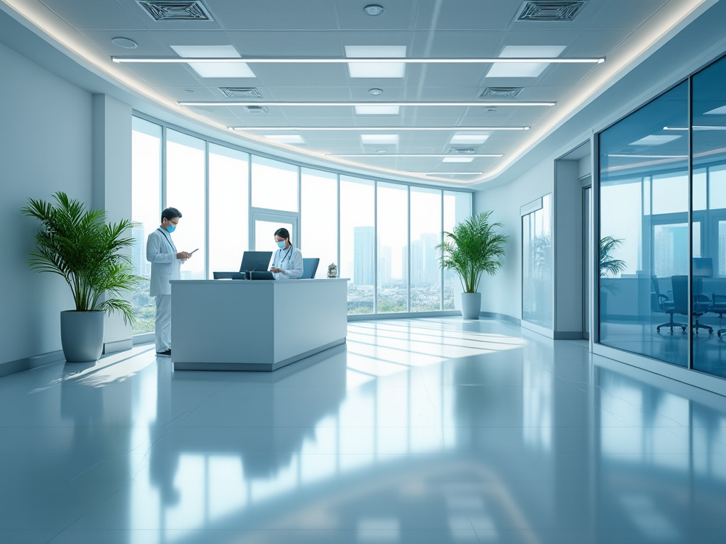 Dos médicos con mascarillas en un moderno consultorio con ventanas grandes, plantas y una ciudad al fondo.