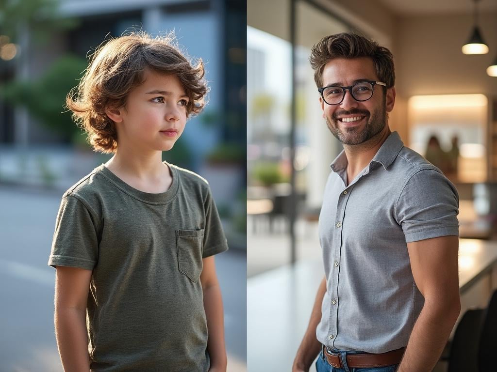 Comparación de retrato de niño con camiseta verde al aire libre y hombre sonriente con gafas en oficina moderna