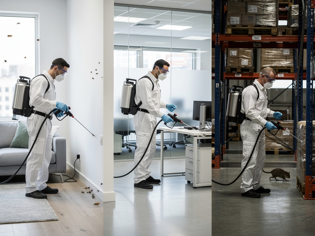Técnicos de control de plagas fumigando una casa, oficina y almacén con equipo protector