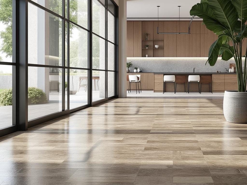 Cocina moderna con piso de madera, grandes ventanas y plantas decorativas.