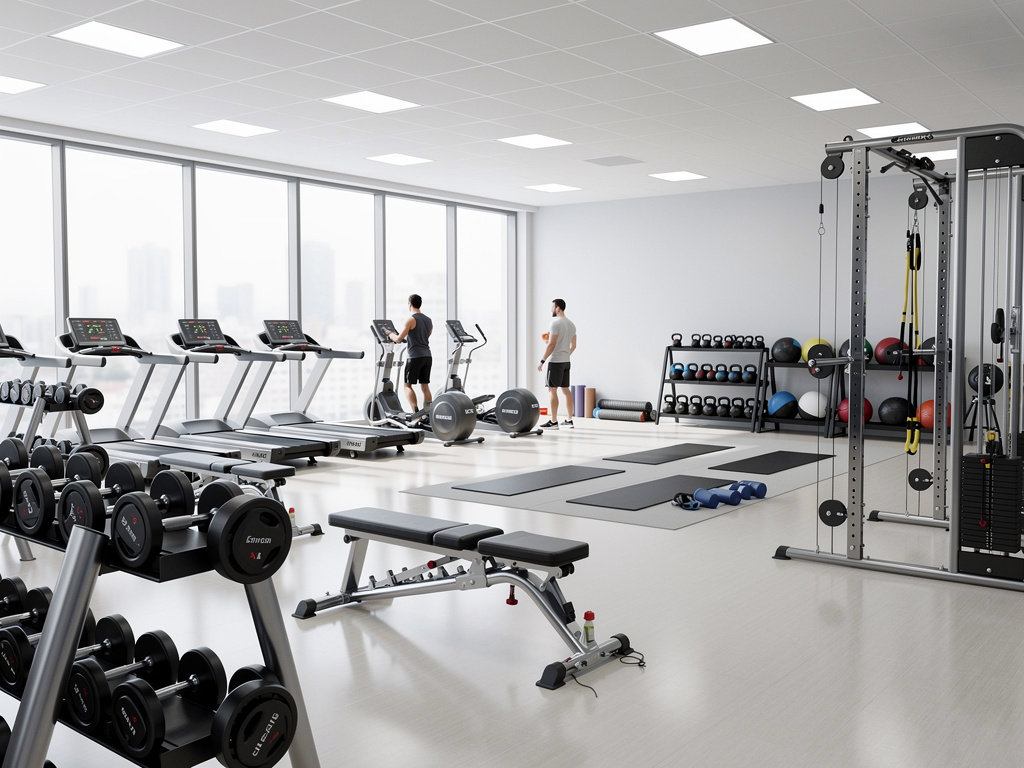 Gimnasio moderno y luminoso con cintas de correr, pesas, bancos, máquinas de cable y personas entrenando Gimnasio moderno y luminoso con cintas de correr, pesas, bancos, máquinas de cable y personas entrenando