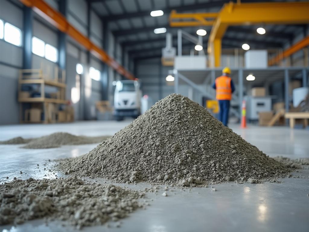 Montón de arena en un almacén industrial con trabajador en chaleco naranja en el fondo.