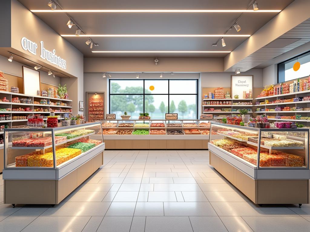 Interior de una tienda de dulces con vitrinas llenas de caramelos y estantes repletos de productos, decoración moderna y luz natural entrando por la ventana.