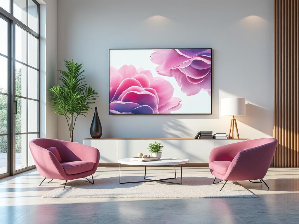 Sala de estar moderna con sillones rosas, mesa de centro blanca y planta decorativa, junto a un cuadro de flores.