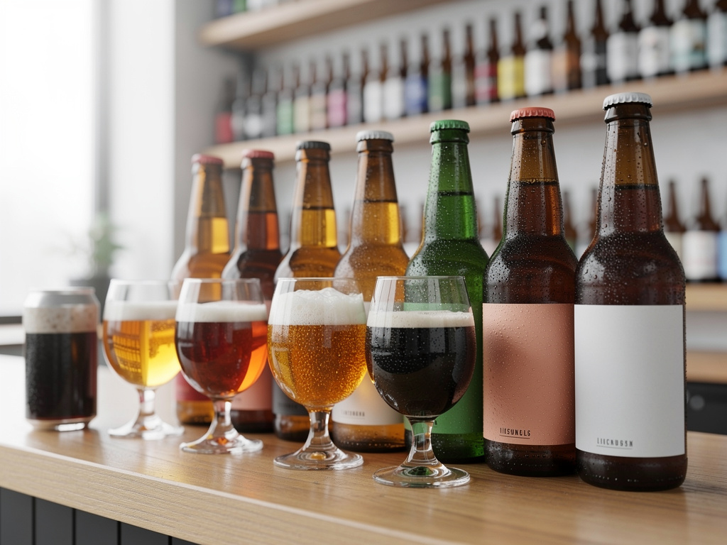 Botellas y copas de cerveza artesanal variadas sobre una mesa en una cervecería