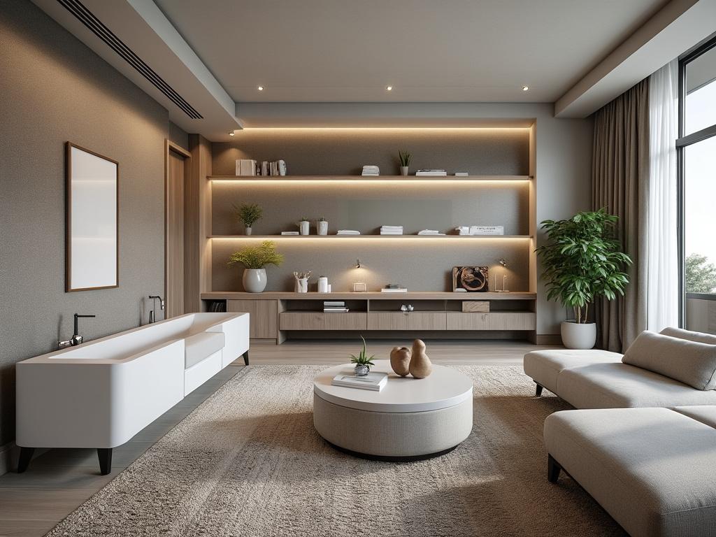 Sala de estar moderna con sofá blanco, mesa redonda, estanterías iluminadas y plantas decorativas junto a una ventana grande.
