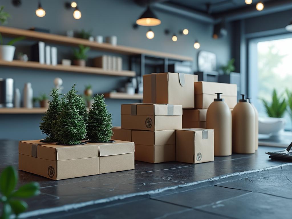 Modern interior with stacked cardboard boxes, small potted trees, and pump bottles on a black countertop, ambient lighting.