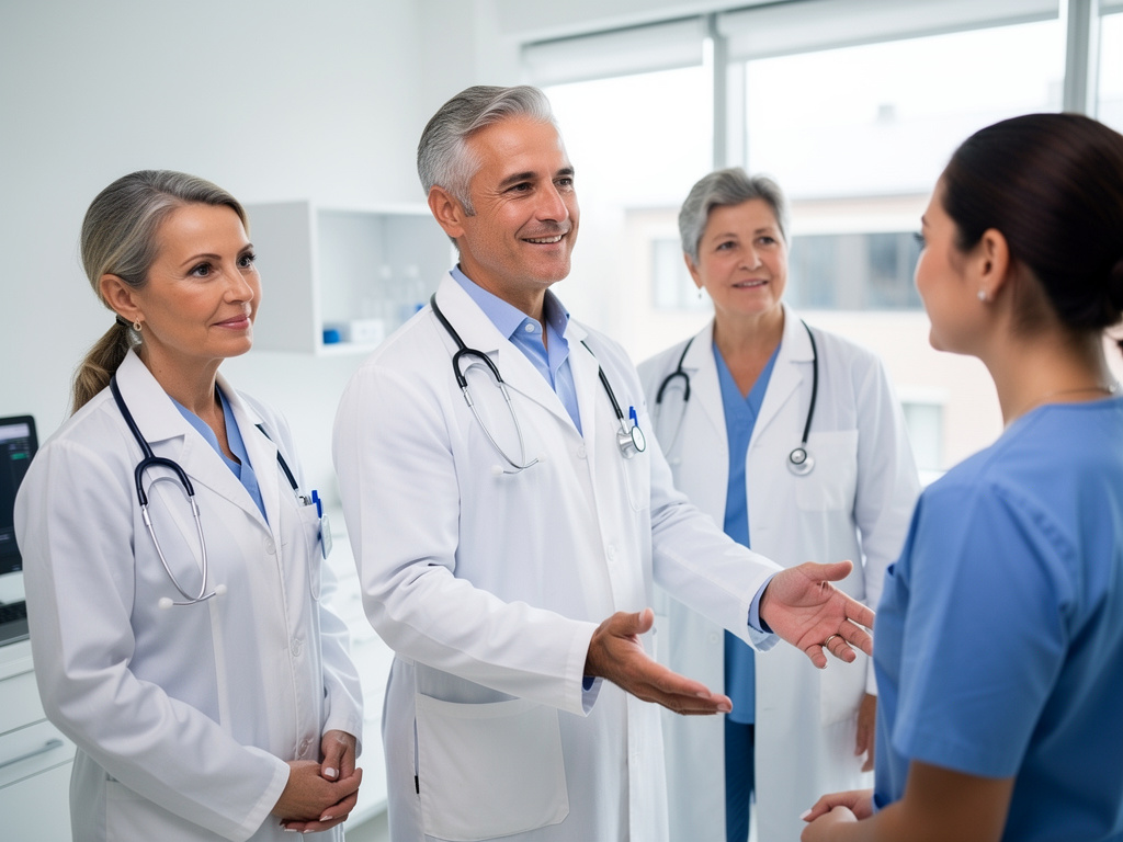 Equipo de médicos con batas y estetoscopios conversando con enfermera en hospital moderno