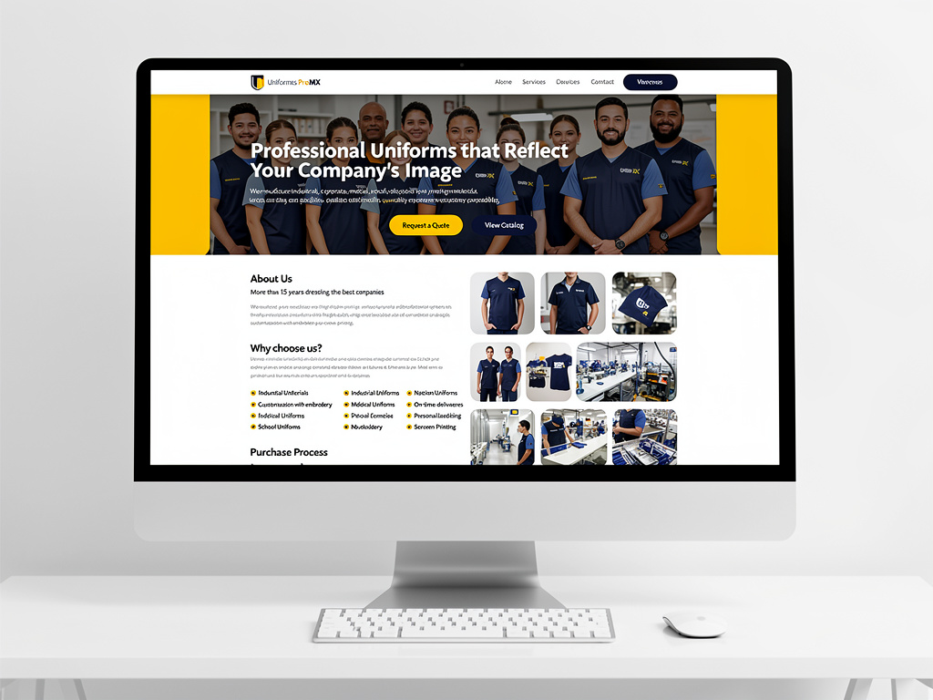 Sitio web de uniformes profesionales corporativos mostrado en monitor de escritorio con equipo y catálogo de productos Sitio web de uniformes profesionales corporativos mostrado en monitor de escritorio con equipo y catálogo de productos
