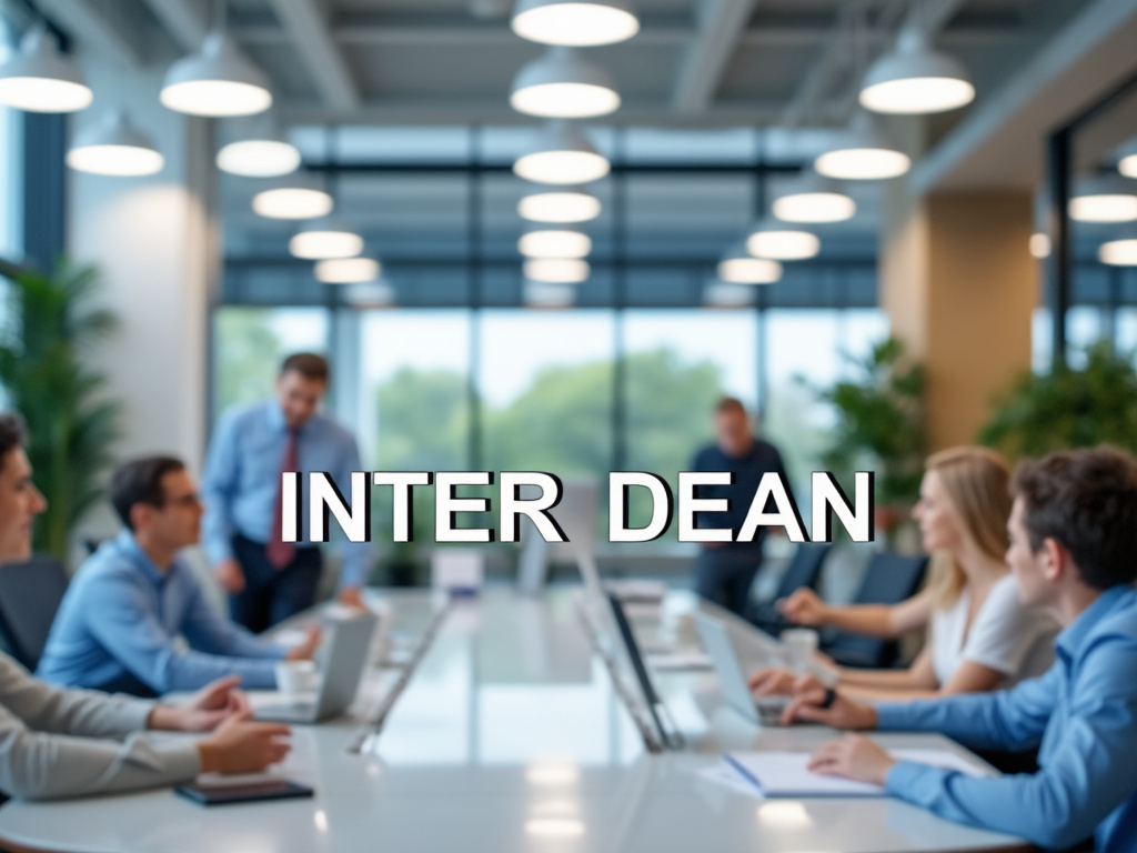 Reunión de negocios en oficina moderna con varias personas trabajando en portátiles, cartel de 'INTER DEAN' sobre la mesa.