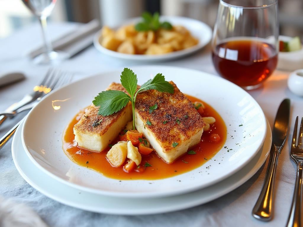 Plato de comida gourmet con pastel de papa gratinado, decorado con hierbas frescas y rodeado de salsa roja, servido en mesa elegantemente puesta.
